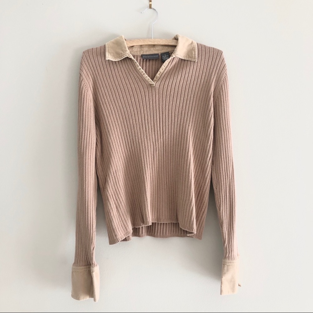 Relativity Tan Ribbed V-neck Sweater with Collar